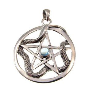 Solid 925 Sterling Silver Weaving Snake Pentacle Pentagram Pendant with Gemstone